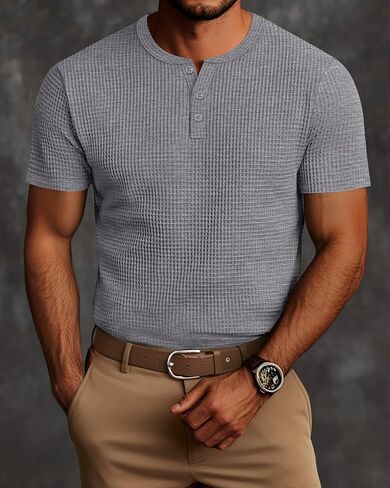 Ficerd 3 Pack Men's Waffle Henley Shirts, Short Sleeve Tees Cotton Summer Casual T-Shirts Knitted Pullover Tops 2025 in Saudi Arabia