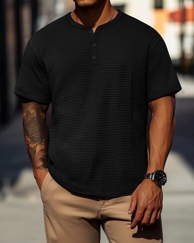 Ficerd 3 Pack Men's Waffle Henley Shirts, Short Sleeve Tees Cotton Summer Casual T-Shirts Knitted Pullover Tops 2025 in Saudi Arabia