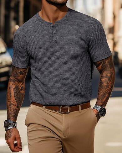 Ficerd 3 Pack Men's Waffle Henley Shirts, Short Sleeve Tees Cotton Summer Casual T-Shirts Knitted Pullover Tops 2025 in Saudi Arabia