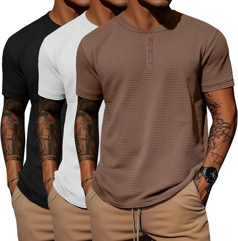 Ficerd 3 Pack Men's Waffle Henley Shirts, Short Sleeve Tees Cotton Summer Casual T-Shirts Knitted Pullover Tops 2025 in Saudi Arabia
