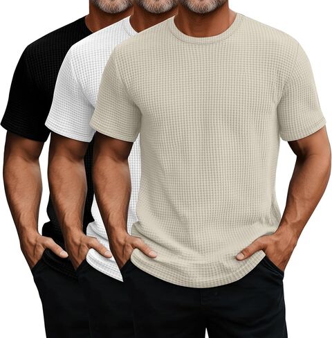 Ficerd 3 Pack Men Short Short Sleeve Waffle Sterts ، Tegle Crew Neck Thirts Summer Therts خفيفة الوزن الصلبة الصلبة in Kuwait