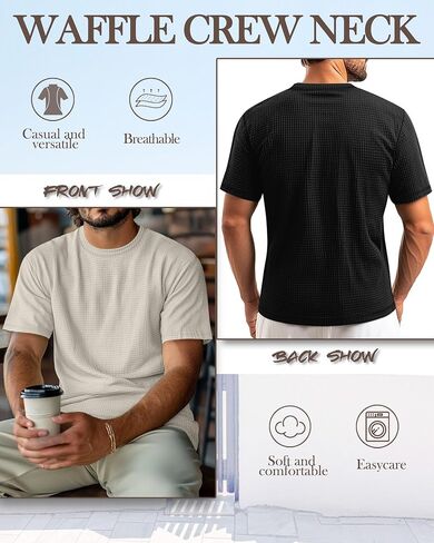 Ficerd 3 Pack Men Short Short Sleeve Waffle Sterts ، Tegle Crew Neck Thirts Summer Therts خفيفة الوزن الصلبة الصلبة in Kuwait