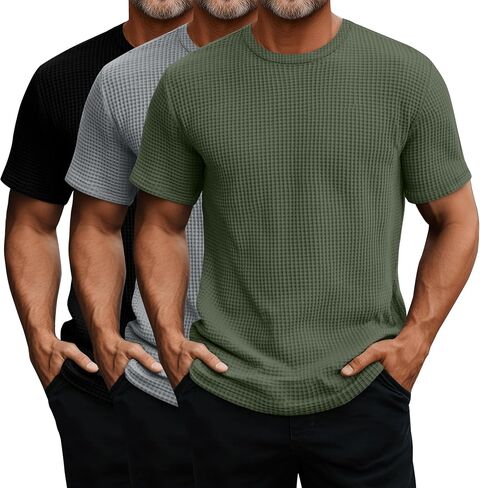 Ficerd 3 Pack Men Short Short Sleeve Waffle Sterts ، Tegle Crew Neck Thirts Summer Therts خفيفة الوزن الصلبة الصلبة in Kuwait