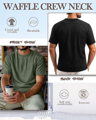 Ficerd 3 Pack Men Short Short Sleeve Waffle Sterts ، Tegle Crew Neck Thirts Summer Therts خفيفة الوزن الصلبة الصلبة in Kuwait