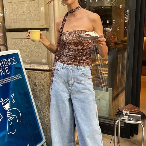 Bocymolay Leopard Print Tube Top for Women Sexy Strapless Mesh Ruched Bandeau Top Going Out Streetwear in Saudi Arabia