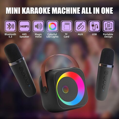 Mini Karaoke Machine for Kids Adults, Bluetooth Speaker with 2 Wireless Microphones, Toys Gifts for 3, 4, 5, 6, 7, 8, 9, 10, 11, 12+ Year Old Girls Kids Birthday Presents Christmas, Black in Saudi Arabia