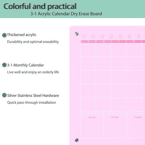 Large Acrylic Calendar for Wall,24"X16",Acrylic Dry Erase Calendar for Wall,Pink Dry Erase Board for Home/Office in Kuwait