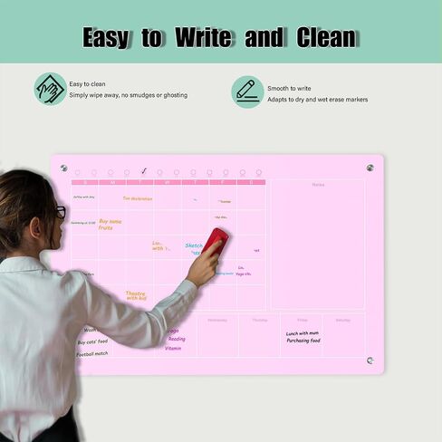 Large Acrylic Calendar for Wall,24"X16",Acrylic Dry Erase Calendar for Wall,Pink Dry Erase Board for Home/Office in Kuwait