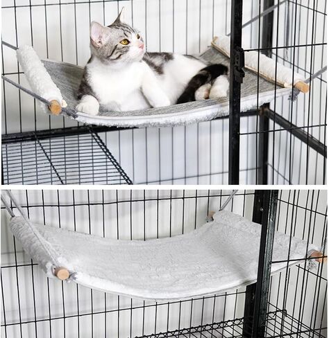 Reversible Cat Hammock for Cage Hanging, Soft Sleeping Bed for Kittens and Small Pets, Features Hardwood Spreader Bars, Portable Hammock can be Tied Between Trees or Posts (Grey+White, Small) in Saudi Arabia