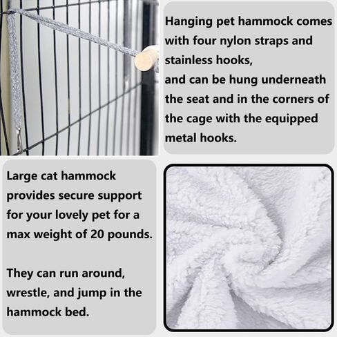 Reversible Cat Hammock for Cage Hanging, Soft Sleeping Bed for Kittens and Small Pets, Features Hardwood Spreader Bars, Portable Hammock can be Tied Between Trees or Posts (Grey+White, Small) in Saudi Arabia