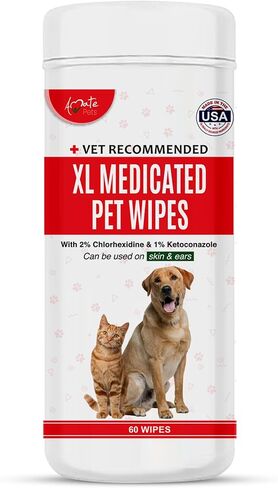 Amate XL Medicated Dog Wipes for Ear Skin & Coat - Pet Wipes for Dogs & Cats - 5" x 6" XL Wipes - Relieve Skin Issues, Hot Spots & Irritation - Pack of 60 in Saudi Arabia