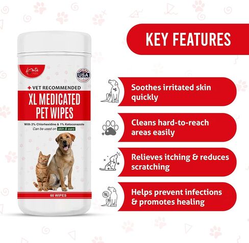 Amate XL Medicated Dog Wipes for Ear Skin & Coat - Pet Wipes for Dogs & Cats - 5" x 6" XL Wipes - Relieve Skin Issues, Hot Spots & Irritation - Pack of 60 in Saudi Arabia