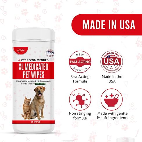 Amate XL Medicated Dog Wipes for Ear Skin & Coat - Pet Wipes for Dogs & Cats - 5" x 6" XL Wipes - Relieve Skin Issues, Hot Spots & Irritation - Pack of 60 in Saudi Arabia