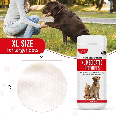 Amate XL Medicated Dog Wipes for Ear Skin & Coat - Pet Wipes for Dogs & Cats - 5" x 6" XL Wipes - Relieve Skin Issues, Hot Spots & Irritation - Pack of 60 in Saudi Arabia