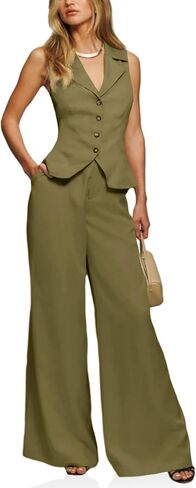 Cicy Bell Womens Vest Sets Summer 2 Piece Outfits Button Crop Blazer Vest and Wide Leg Pant Suits in Saudi Arabia