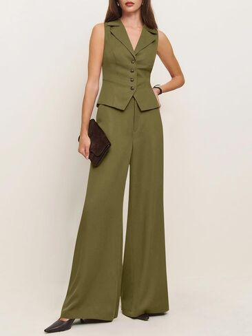 Cicy Bell Womens Vest Sets Summer 2 Piece Outfits Button Crop Blazer Vest and Wide Leg Pant Suits in Saudi Arabia