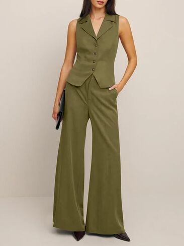 Cicy Bell Womens Vest Sets Summer 2 Piece Outfits Button Crop Blazer Vest and Wide Leg Pant Suits in Saudi Arabia