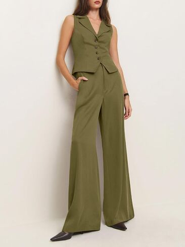 Cicy Bell Womens Vest Sets Summer 2 Piece Outfits Button Crop Blazer Vest and Wide Leg Pant Suits in Saudi Arabia
