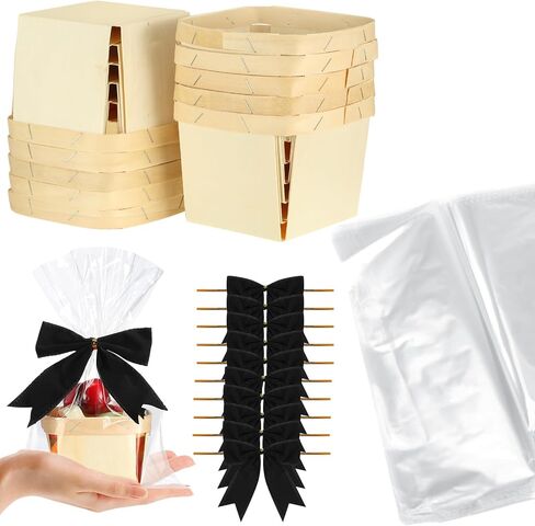 Yerliker 10 Set Christmas Wooden Gift Baskets Empty 4 Inches Berry Basket Imitation Jute Bows Clear Treat Bags Set for Christmas DIY Picking Fruit Birthday Decorations Wedding Gift Packages in Kuwait