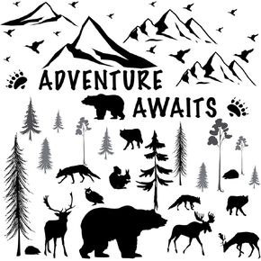 4 Sheets Mountain Wall Decals - Rustic Nursery Dreamy Forest with Pine Tree Deer Peel & Stick Inspirational Quote DIY Wall Stickers for Kids' Room (Black,19.69 x 15.75 Inches)