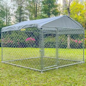 10 × 10FT Large Outdoor Dog Kennel Enclosure, Dog Kennel Outside with Waterproof Cover, Galvanized Chain Link Dog Run with Roof, Heavy Duty Dog Pens for Backyard Garden