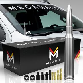 هوائي Mega Racer Gold 50 Cal Bullet Style للشاحنات والسيارات وسيارات الدفع الرباعي - مقاس 5.5 بوصة مناسب عالميًا، راديو AM/FM، ألومنيوم صلب 6061، تصميم مضاد للسرقة، آمن لغسيل السيارات، استبدال الهوائي، قطعة واحدة