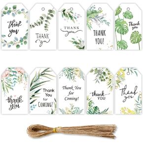 100 Pcs Thank You Tags, 10 Designs Kraft Paper Gift Tags with String for Wedding Favors Birthday Baby Shower Party Favors