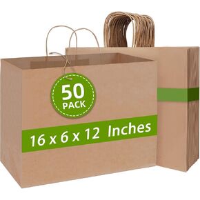 Johuivo Brown Paper Bags with Handles 50 Pack, Paper Shopping Bags and Gift Bags, Kraft Paper Bags Bulk Retail Bags for Small Business, Grocery, Lunch, Party Favors, 16x6x12 Inches