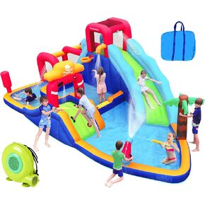 Elemara Hostable Water Slide Bounce House ، 10 في 1 منتزه مائي قابل للنفخ مع منفاخ ، شريحة 2 وجدران تسلق و 2 مدافع مائية ، حمام سباحة عمق بركة عملاقة ، شرائح مائية للأطفال الخلفية ل 6