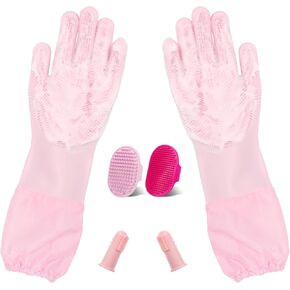 6pcs pet مجموعة العناية - مطول قفازات غسل الكلاب ، فرشاة حمام الكلاب ، إصبع فرشاة أسنان الكلاب ، فرشاة شامبو الكلاب ، قفازات للحيوانات الأليفة السيليكون للتنظيف اللطيف ، التدليك ، سفك (مجموعة الاستمالة الوردية)