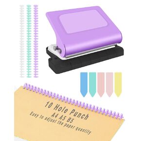 10-Hole Manual Binding Machine,Book Loose Leaf Paper Puncher,Metal Manual Binding System with Punches Holes on B5,A4,A5 Paper,Handheld Metal Circle Paper Puncher for Home Office Study,Purple