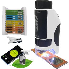 Kids Microscope, SETFLAGS 300x Zoom Pocket Microscope for Kids, Portable Handheld Miniscope with Phone Adapter Clip & 12 Prepared Specimen Slides, STEM & Science Toys Gift for 6+