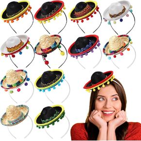 Mumufy 12 PCS Cinco de Mayo Sombrero Happer Hats Bulk Mini Hat Beadband with Fiesta Fabric Mexican Decorations (Classic)