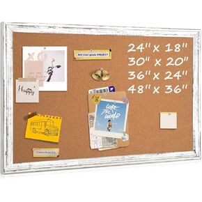 Cork Board Bulletin Board - 36" x 24" - Rustic White Frame Corkboard for Wall - Decorative Message Board, Vision Board, Pin Board