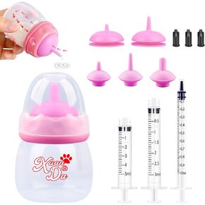 Pet Feeding Bottle and Syringes,3 Pack 60ml Nursing Bottle, 3 Sizes Nipples with Ventilation Valve Resistant Tearing Perfect for Puppies, Kittens, Small Wildlife (Pink)