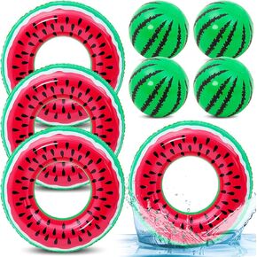 Lewtemi 8 PCS Pool Pool Floats 4 PCS Bathelon Swimming Rings 4 PCS Batermelon Beach Balls قابلة للنفخ بركة قابلة للنفخ أنابيب قابلة للنفخ تطفو ألعاب هاواي شاطئ الصيف الحفل الاستوائي للبالغين