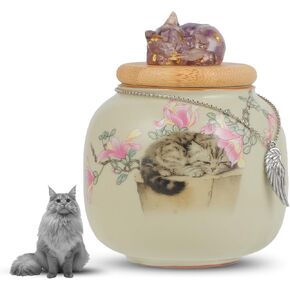 Cat Urn for Ashes with Memorial Crystal Sculpture,Holds Ashes of Beloved Cats,Ceramic Urn for Cat,Pet Memorial