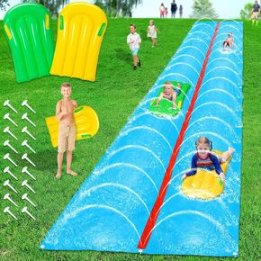 Slip N Slide ، 20 قدم × 6 أقدام ومياه في العشب للمراهقين والبالغين ، لعبة المياه الصيفية المائية مع بناء في الرش للبناء الخلفي خارج المياه المرح للأطفال الذين تتراوح أعمارهم بين 8-12 （18 حصص ، الأزرق）