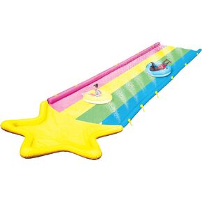 WOW Sports Rainbow Star Super Water Slide مع اثنين من الزلاجات القابلة للنفخ ، شريحة مائية قابلة للنفخ مع حمام سباحة نجم مدمج ورشاشات