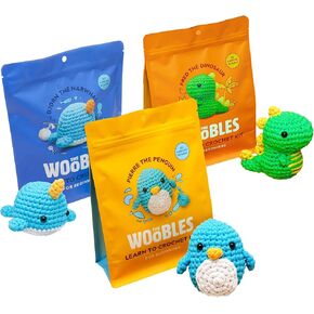مجموعة Crochet Kit Beginners مع غزل سهلة كما رأينا على حزمة تانك Shark - مع دروس فيديو خطوة بخطوة - Pierre the Penguin و Bjorn the Narwhal و Fred the Dinosaur