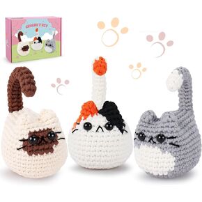 طقم Cat Crochet للمبتدئين-3pcs Cats Crochet Kits للأطفال البالغين ، مجموعة كروشيه بداية مع دروس فيديو خطوة بخطوة ، وكروشيت مجموعات حياكة مجموعة Diy Craft تعلم مجموعات الكروشيه للبالغين