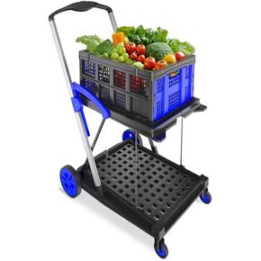 Folding Cart | Multi Use Functional Collapsible carts | Shopping Trolley with Wheels | Shopping Cart with Storage Crate | Utility Cart for Groceries, Warehouse,Supermarket. (Blue)