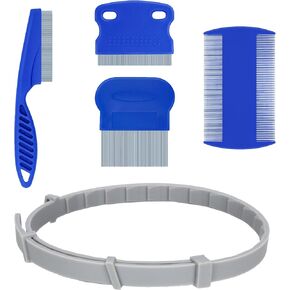 طوق القط و Combs Combo ، وإدارة الأليفة للحيوانات الأليفة وإدارة القراد ، 1 فرقة بلاستيكية تناسب محيط الرقبة 14 بوصة ، و 4 أسنان من الفولاذ المقاوم للصدأ البلاستيكية تدمر كومز مع دبابيس مدورة ، و 5 أجزاء لكل حزمة