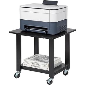 SunnyPoint 2-Tier Under Desk Printer Stand with Storage Shelf and Steel Frame, Industrial Mobile Printer Cart Holder with Lockable Wheels for Home and Office (BLK)