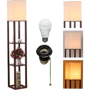 HomeFocus - Floor Lamp with Shelves, Shelf Floor Light with LED Bulb, Modern Wood Shelf Standing Lamp, Corner Display Floor Lamp for Living Room, Bedroom, Office, Linen White Shade, Wood, Brown.