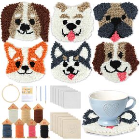 Punch Needle Coaster Kit للمبتدئين 6 أنماط جرو تصميمات تطريز إبرة مع اللصقات اللاصقة خيوط التطريز فكرة تعليمات التعليم