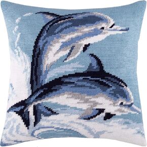 BRVSK Marine Needlepoint Kit للبالغين والمبتدئين - الدلافين 16 ″ × 16 ″ مع تصميم مطبوع واضح ودقيق على قماش القطن ؛ يتضمن 2 إبرًا ، غزلًا ، ورسمًا سهلاً للقراءة