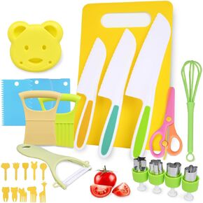 27pcs مجموعة سكين صغيرة - مجموعة كيد آمنة مجموعة من الطهي الحقيقي ، مجموعات طهي الأطفال Montessori حقيقية مع لوحة التقطي