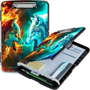 Two Flaming Wolves A4 Clipboard with Storage Pen Holder, Clipboards Organizer Nursing Clipboard Foldable File Folder Plastic Clipboard Folio Clip Board for Office Students Classroom Doctor