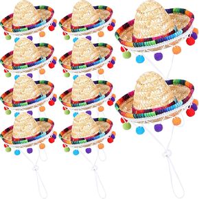 Silkfly 10 PCS Mini Sombrero Hats Cinco de Mayo Party Hat 5.9 Inch Mexican Sombreros Beadband مع زخرفة كرات الصوف لملحقات أزياء العيد الأليفة (5.91 بوصة)
